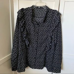 Black with white hearts button down, ruffles on back & front blouse Size 3X